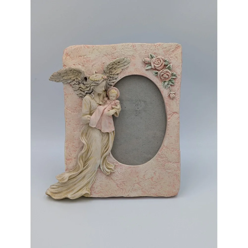 Vintage Guardian Angel Child Picture Frame Pink Roses Shabby Chic Cottagecore